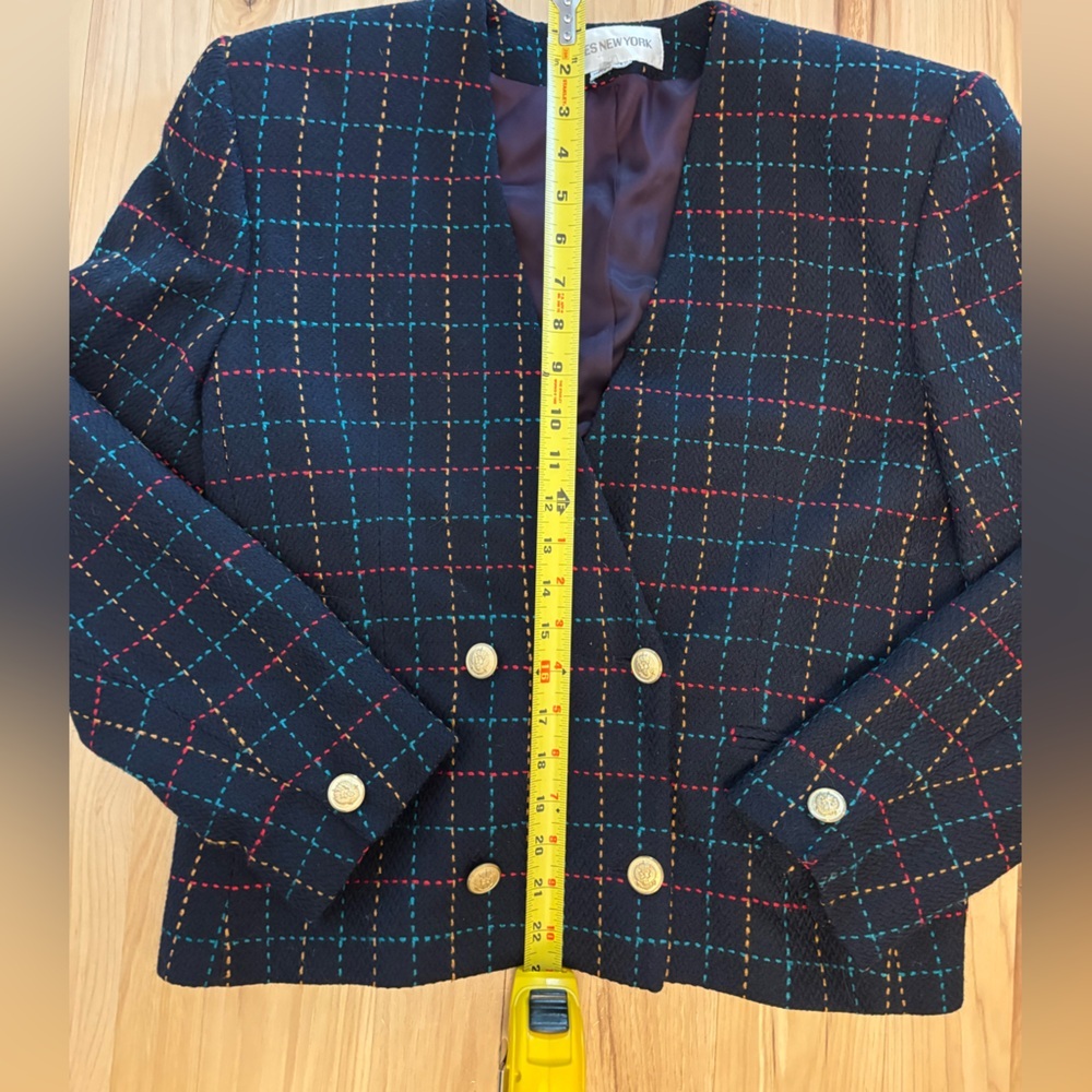 VTG Jones New York Navy Plaid Double Breasted Blazer 12 Cropped Preppy Y2K 90s - Picture 9 of 11